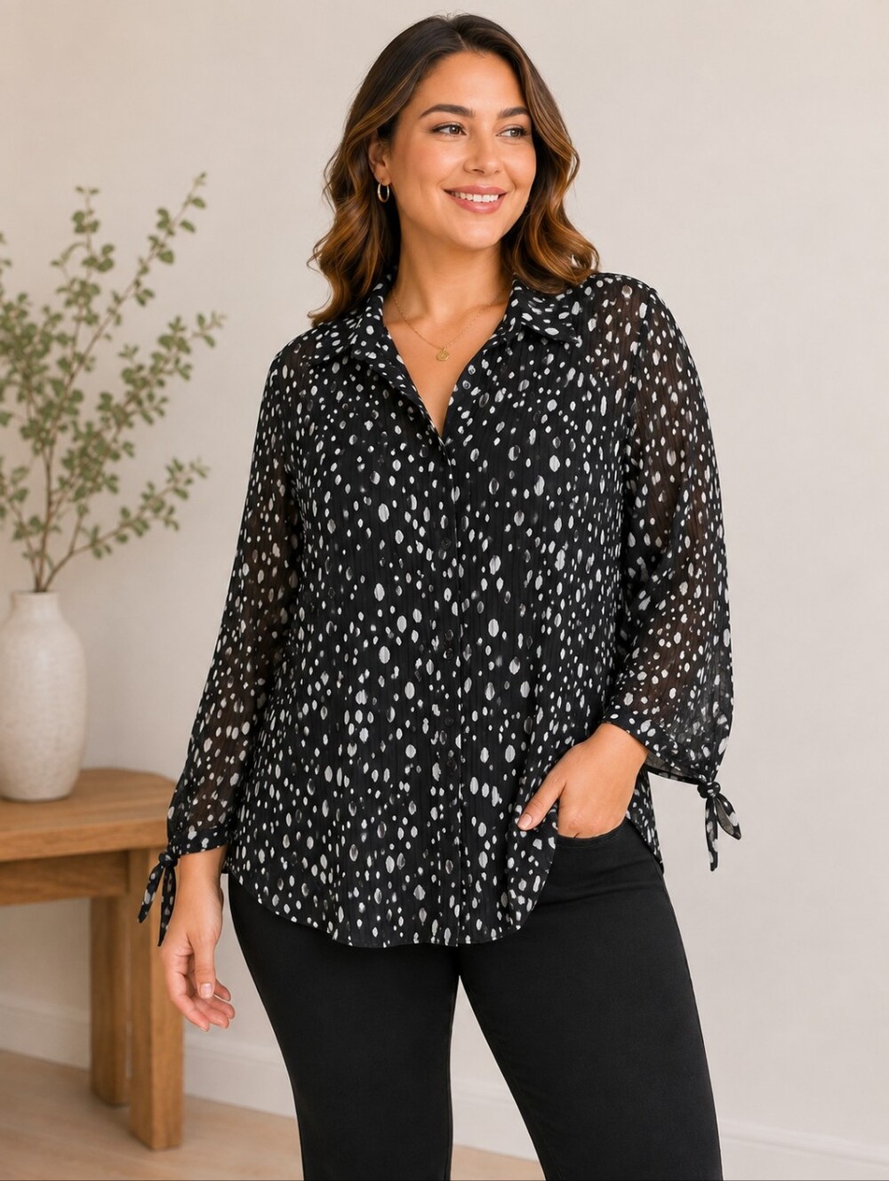 QuinteSsentiel Woman Black White Polka Dot Sheer Blouse 3X